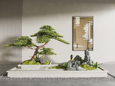 Miniature Garden Display With Bonsai Pine Tree Stones Moss Small Figurine And Wall Painting 3d model