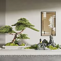 Miniature Garden Display With Bonsai Pine Tree Stones Moss Small Figurine And Wall Painting