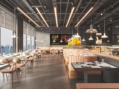 Modern Hot Pot Restaurant Interior Design With Dining Tables Chairs Hanging Lights And City View 3d model