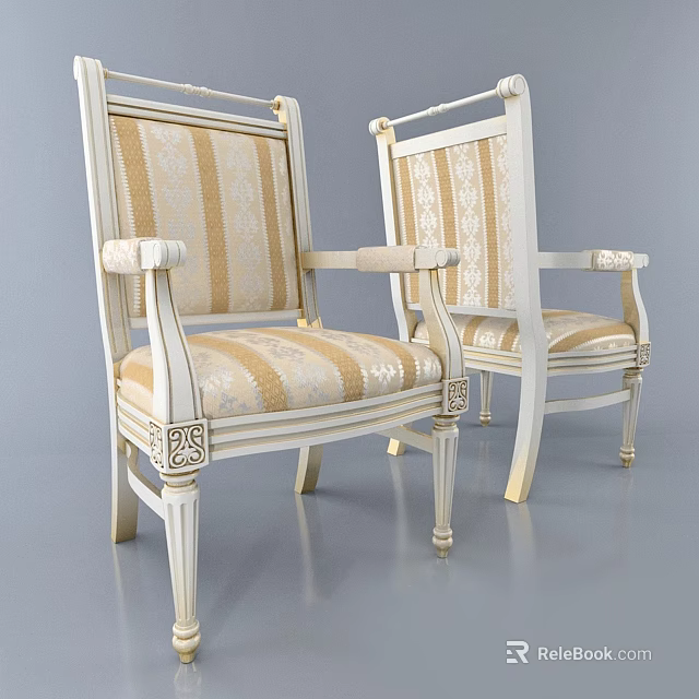 Elegant Classic Carved Armrest Dining Chairs With Cream Gold Striped Fabric And White Frame 3d model 
