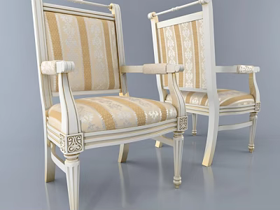 Elegant Classic Carved Armrest Dining Chairs With Cream Gold Striped Fabric And White Frame 3d model