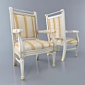 Elegant Classic Carved Armrest Dining Chairs With Cream Gold Striped Fabric And White Frame