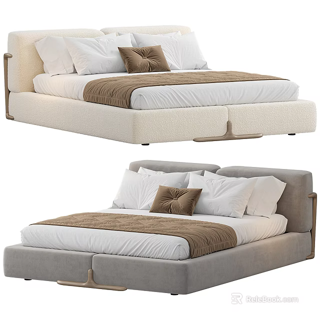 Modern Upholstered Double Bed With White Sheets Brown Blanket And Pillows 3d model 