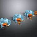 Three Blue Train Models With Orange Doors And Ladders On Gray Background 3d model