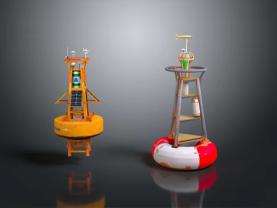 Yellow And Red White Marine Navigation Buoys With Solar Panels Antennas And Signal Lights 3d model
