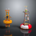 Yellow And Red White Marine Navigation Buoys With Solar Panels Antennas And Signal Lights