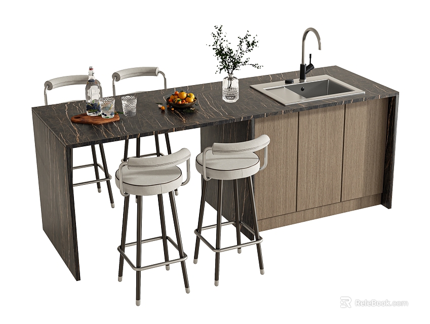 Modern Bar Counter With Stools Sink Decorative Plants And Fresh Fruits 3d model 
