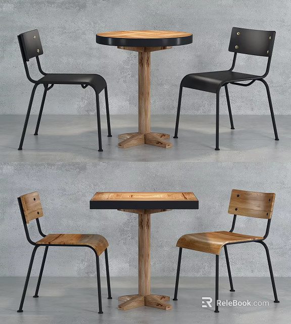 Modern Table and Chair Set With Wooden Tabletop Cross Base and Black Metal Chairs 3d model 
