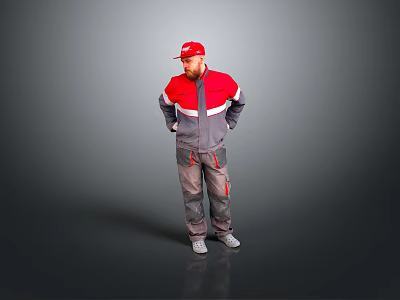 Man Wearing Red And Gray Jacket With Red Cap Standing Against Gray Background 3d model