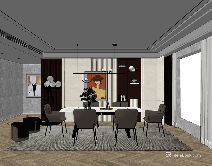 Modern Dining Table Set With Chairs Hanging Lights Herringbone Floor And Decorative Art 3d model