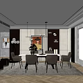 Modern Dining Table Set With Chairs Hanging Lights Herringbone Floor And Decorative Art 3d model