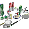 Assorted Badminton Sports Equipment With Rackets Shuttlecocks And Colorful Tubes