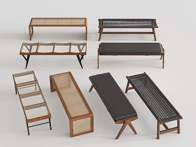 Various Styles Sofa Bench With Wooden Frame Woven Design And Leather Seat Living Room 3d model