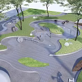 Modern Curved Landscape Feature Wall Design With Trees Pathways And Open Lawn Space 3d model