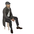 Man sitting on chair wearing hat jacket white shirt dark pants shoes against light background