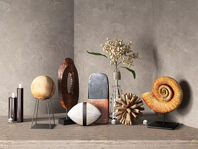 Ornamental Decor Set with Various Shapes Metal Stands and Dried Flowers 3d model