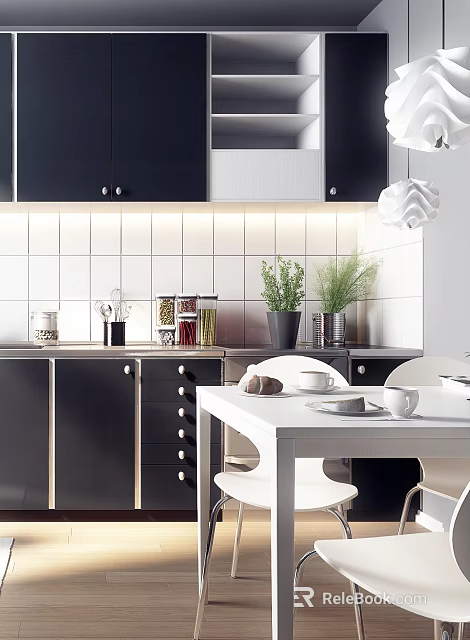 Modern Black Kitchen Cabinets With White Tile Backsplash And Countertop Plants 3d model