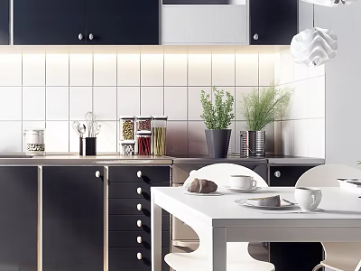 Modern Black Kitchen Cabinets With White Tile Backsplash And Countertop Plants 3d model