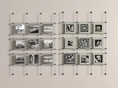 Neatly Arranged Black White Architectural Geometric Photographs On Modern Metal Frame Glass Shelf 3d model