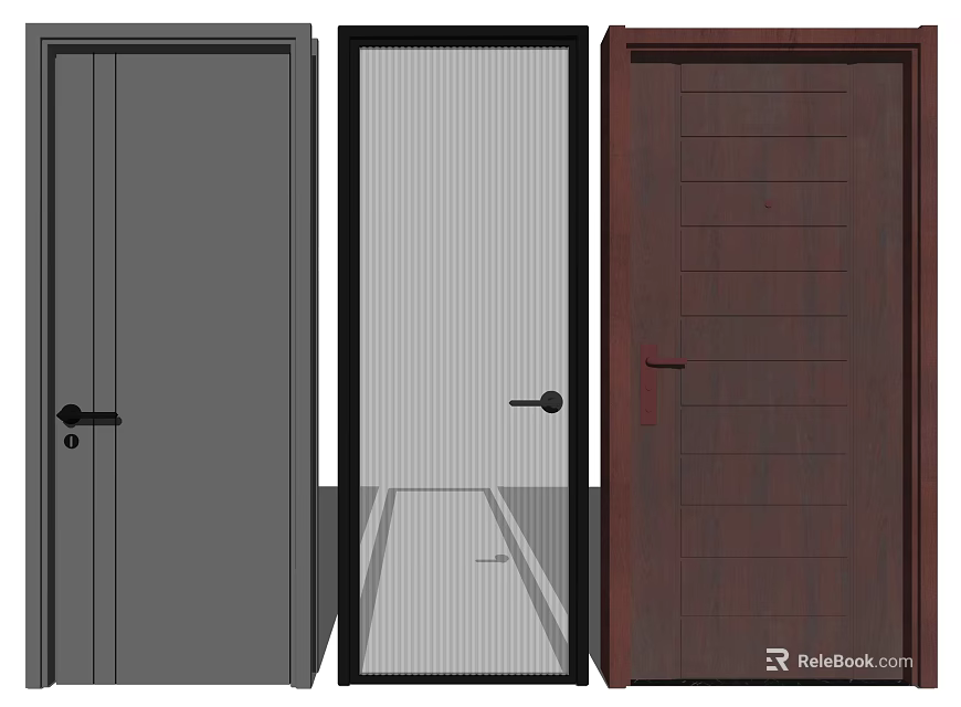 Three Different Hinged Doors With Gray Panel Glass And Wooden Texture Design 3d model 