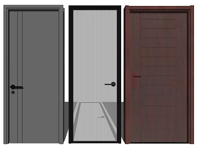 Three Different Hinged Doors With Gray Panel Glass And Wooden Texture Design 3d model