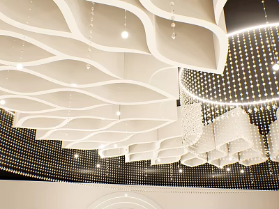 Modern Banquet Hall Interior Design With Wavy White Suspended Ceiling And Crystal Pendant Lights 3d model