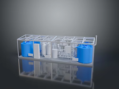 Industrial Equipment Model Featuring Metal Frame Blue Tanks And Piping Components 3d model