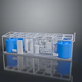 Industrial Equipment Model Featuring Metal Frame Blue Tanks And Piping Components