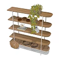 Wooden Multi Layer Curved Shelving Unit With Green Plant Bowls and Book