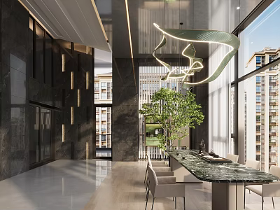Modern Tea Room With Marble Table Greenery Chandelier And City View 3d model