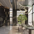 Modern Tea Room With Marble Table Greenery Chandelier And City View