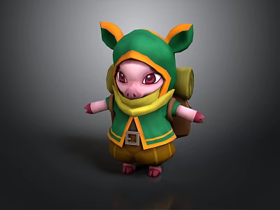 Cute Pig Character 3D Model Wearing Green Hoodie Yellow Scarf And Backpack 3d model