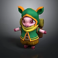 Cute Pig Character 3D Model Wearing Green Hoodie Yellow Scarf And Backpack