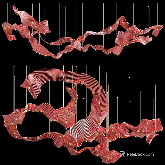 Artistic Modern Red Wavy Curved Hanging Chandelier With Metallic Design Elements 3d model 