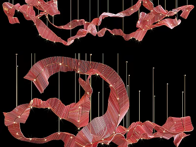 Artistic Modern Red Wavy Curved Hanging Chandelier With Metallic Design Elements 3d model