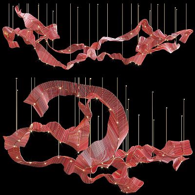 Artistic Modern Red Wavy Curved Hanging Chandelier With Metallic Design Elements 3d model