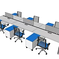 Modern Office Desks Setup With Blue Chairs Dividers And Storage Units