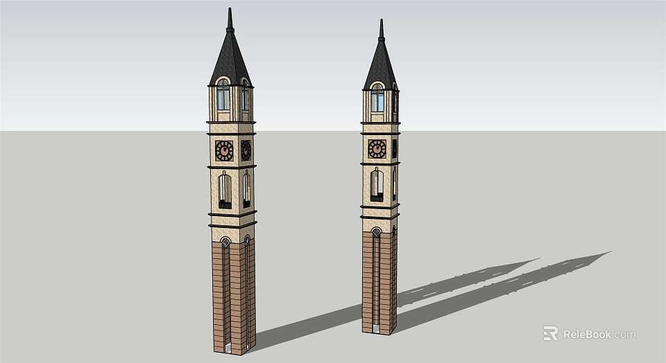 Twin Clock Towers With Black Spires Brick Structure And Windows Design 3d model 