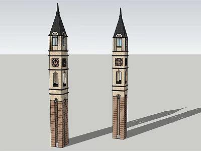 Twin Clock Towers With Black Spires Brick Structure And Windows Design 3d model