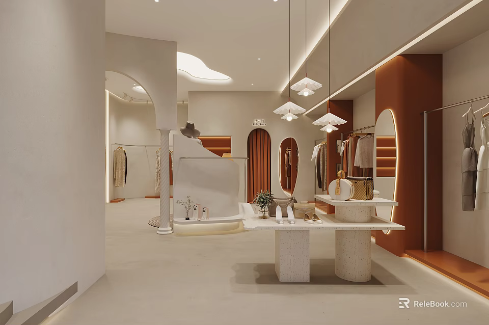 Elegant Modern Clothing Store Interior With Open Space Curved Design White Counter And Soft Lighting 3d model 