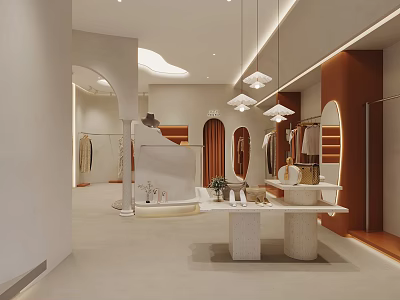 Elegant Modern Clothing Store Interior With Open Space Curved Design White Counter And Soft Lighting 3d model