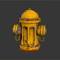 Yellow Rusted Fire Hydrant With Chain Details And Bottom Reflection On Dark Surface