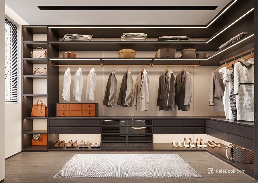Modern Walk in Closet Interior Design With Hanging Clothes Drawers Shelves And Shoes 3d model 