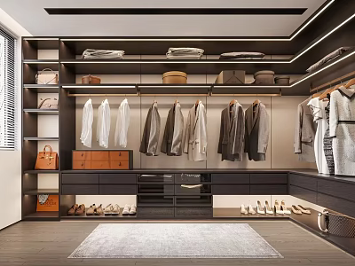 Modern Walk in Closet Interior Design With Hanging Clothes Drawers Shelves And Shoes 3d model
