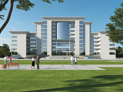 Modern Multi Story Office Building With Glass Facade Green Lawn And Trees Plaza 3d model