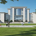 Modern Multi Story Office Building With Glass Facade Green Lawn And Trees Plaza