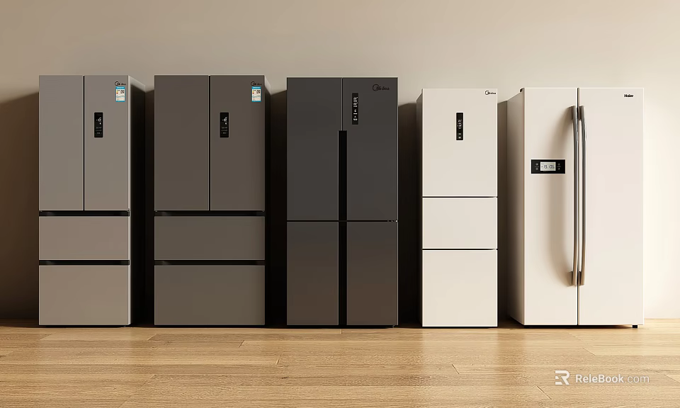 Modern Refrigerators and Freezers in Different Styles Gray White Colors on Wooden Floor 3d model 