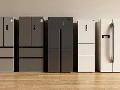 Modern Refrigerators and Freezers in Different Styles Gray White Colors on Wooden Floor 3d model