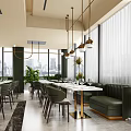Modern Restaurant Interior Featuring Dark Green Walls Golden Pendant Lights Large Windows And City View