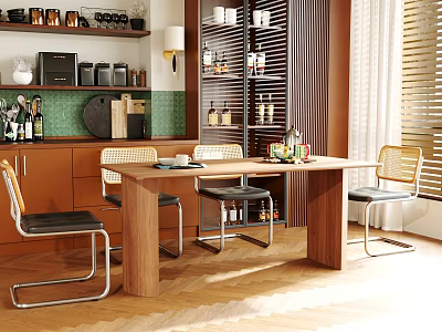 Modern Wooden Dining Table With Metal Chairs And Kitchen Shelves Interior 3d model